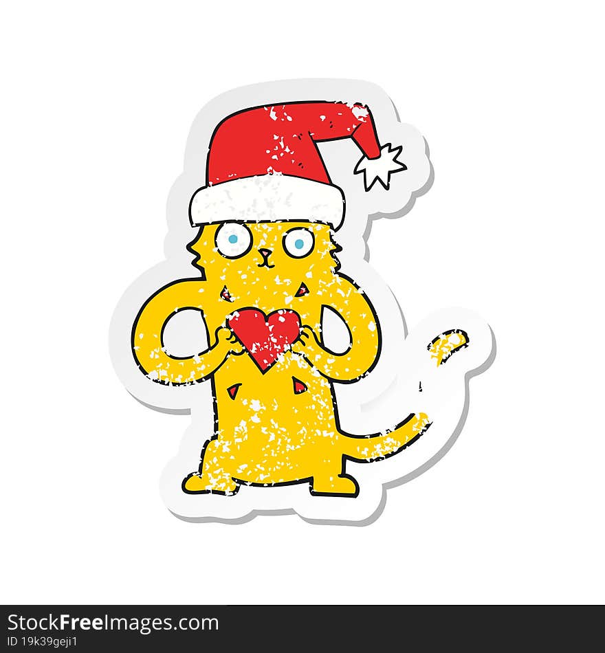 retro distressed sticker of a cartoon cat loving christmas