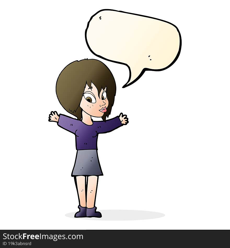 cartoon woman with open arms with speech bubble