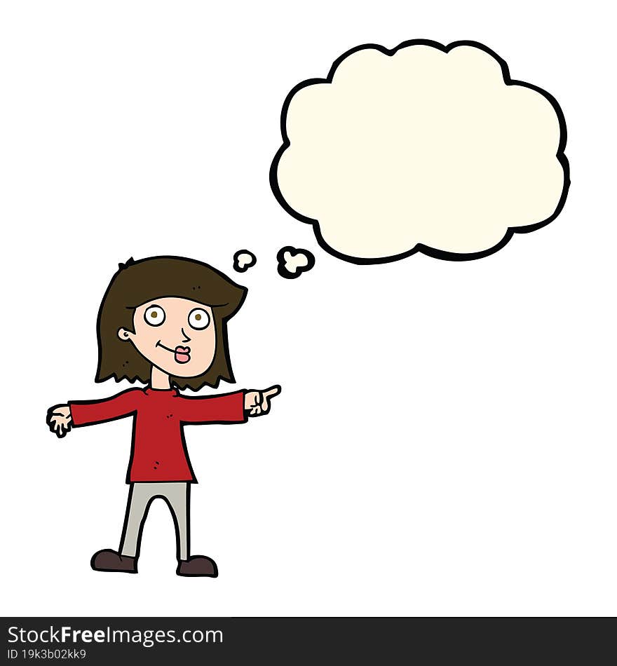 cartoon happy woman pointing with thought bubble