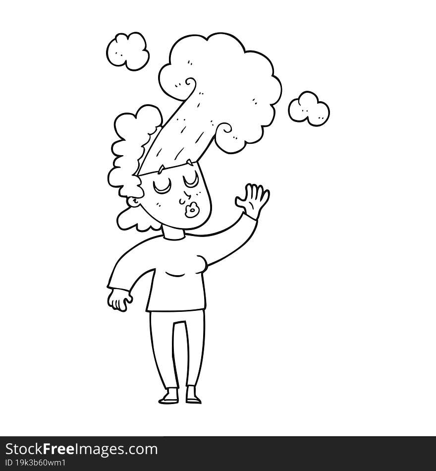 freehand drawn black and white cartoon woman letting off steam