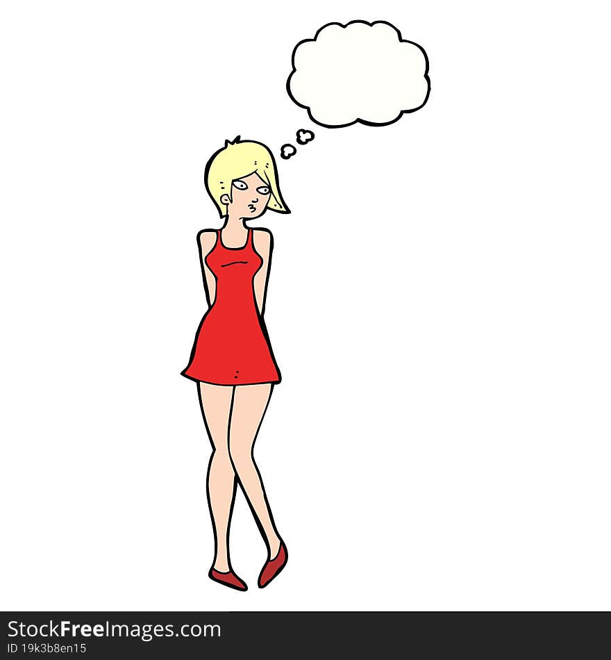 cartoon pretty woman in dress with thought bubble