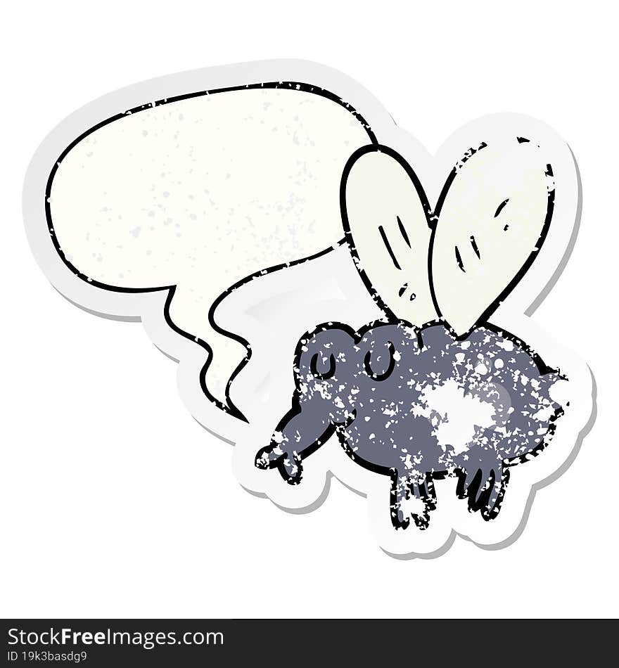 cartoon fly and speech bubble distressed sticker