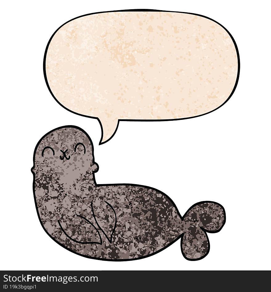 cartoon seal and speech bubble in retro texture style