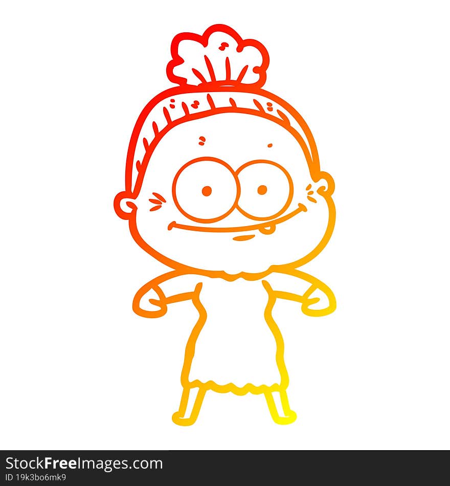 warm gradient line drawing of a cartoon happy old woman