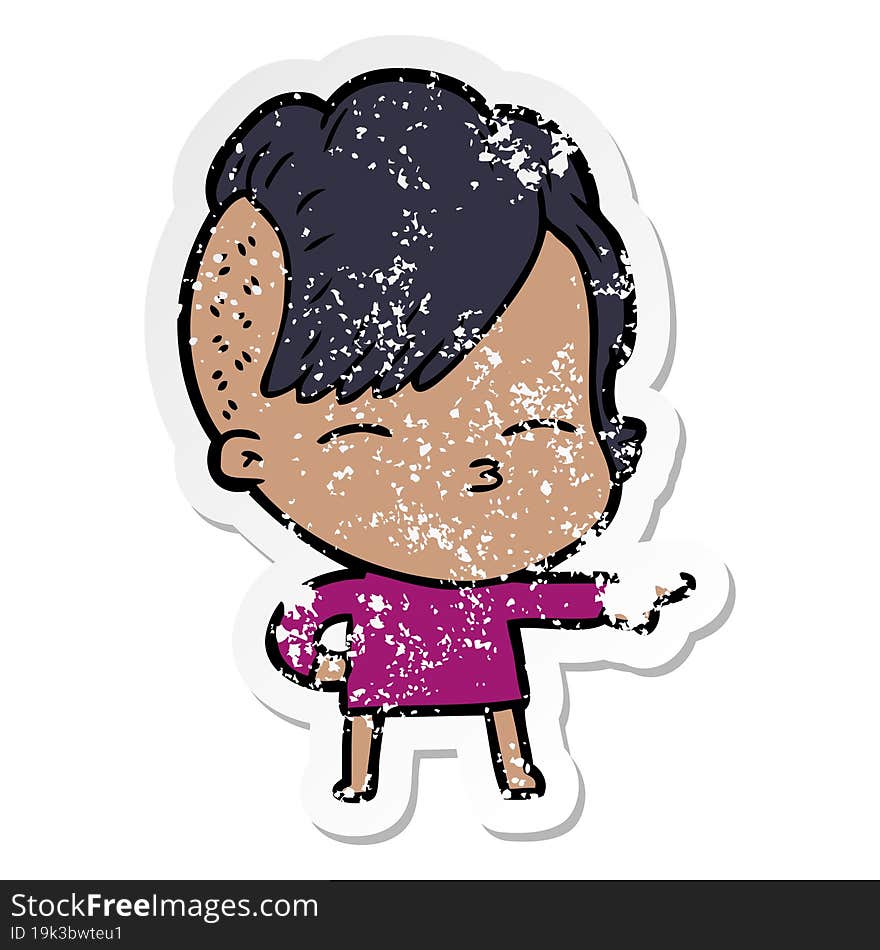 Distressed Sticker Of A Cartoon Squinting Girl