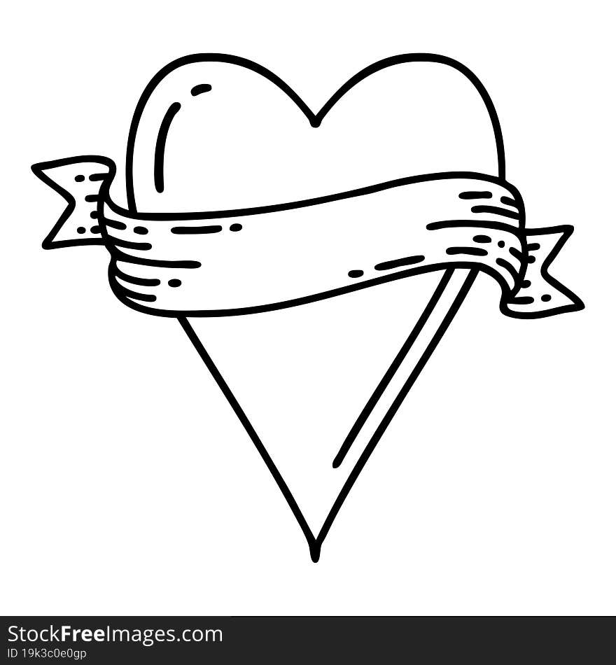 tattoo in black line style of a heart and banner. tattoo in black line style of a heart and banner