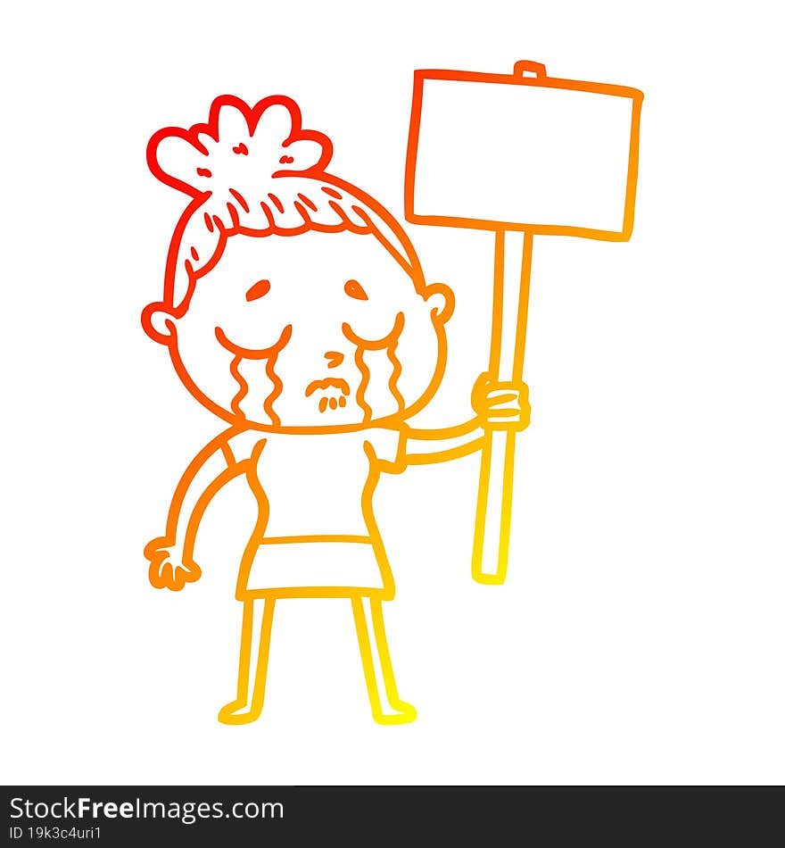 Warm Gradient Line Drawing Cartoon Crying Woman With Protest Sign