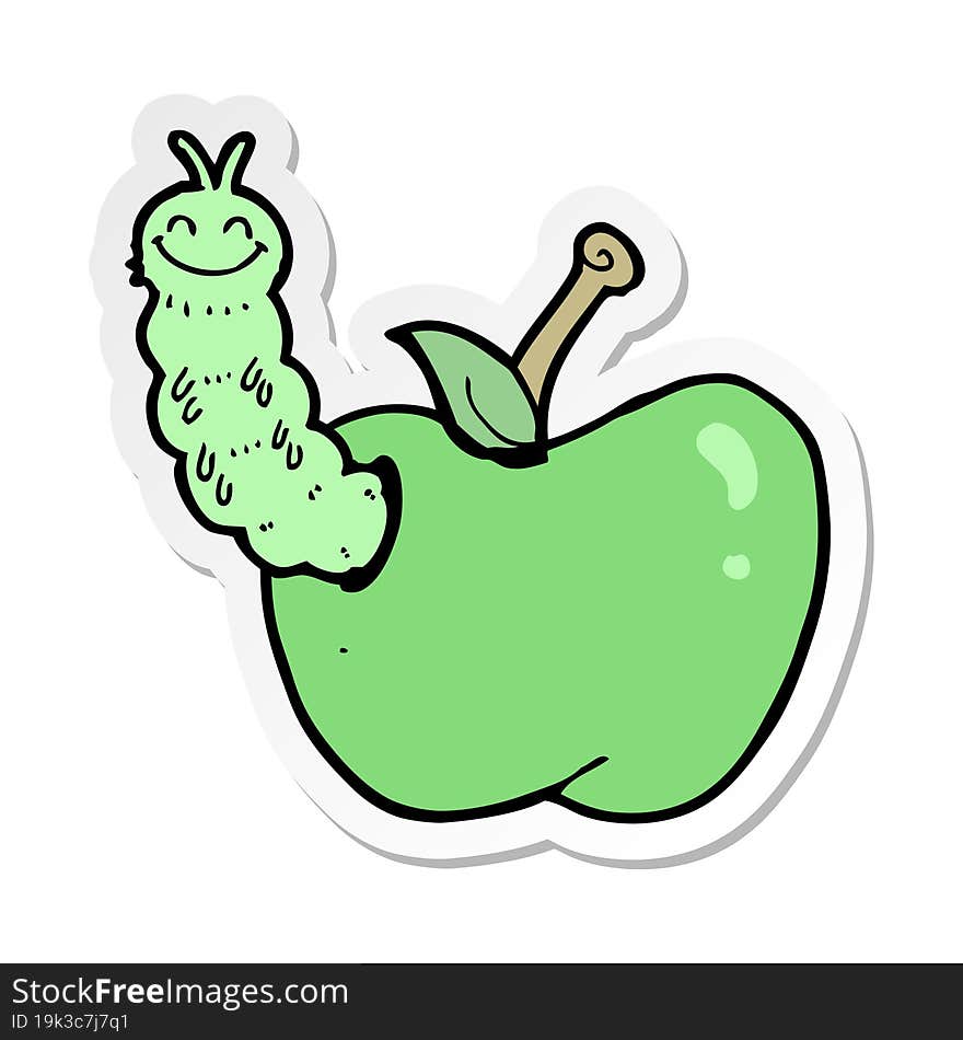 Sticker Of A Cartoon Bug Eating Apple