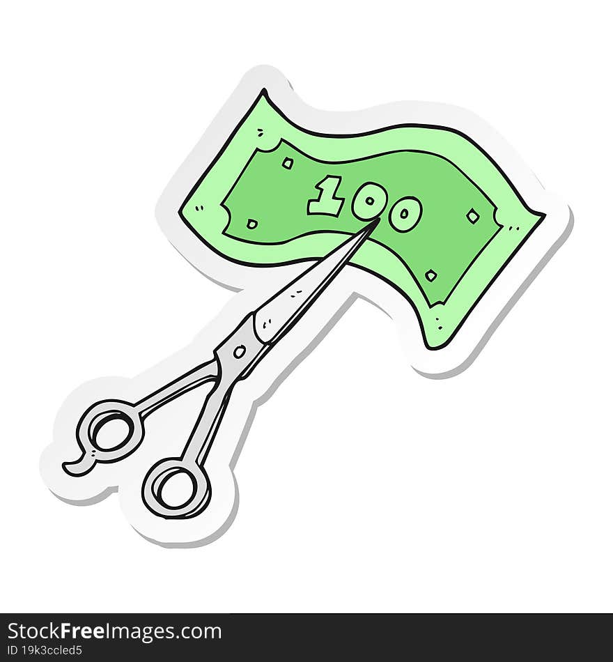 Sticker Of A Cartoon Scissors Cutting Money