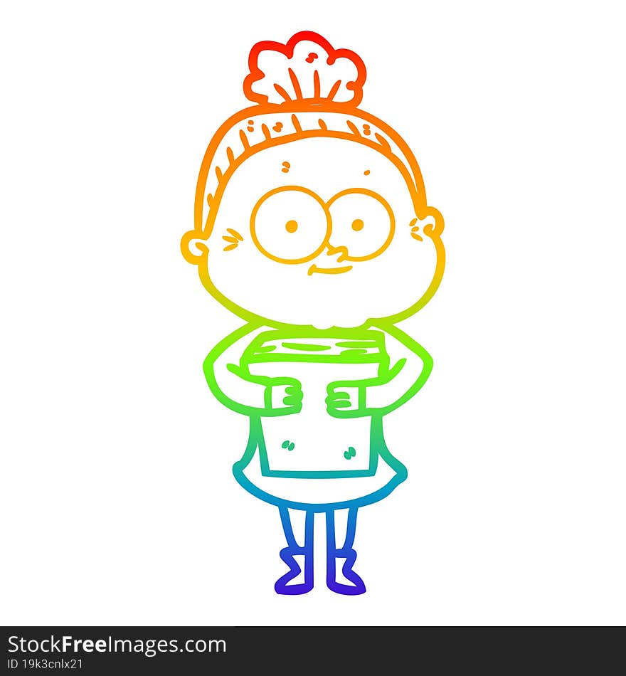 rainbow gradient line drawing of a cartoon happy old woman