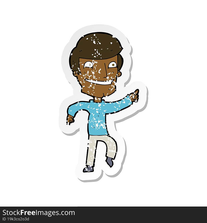 retro distressed sticker of a cartoon happy man pointing