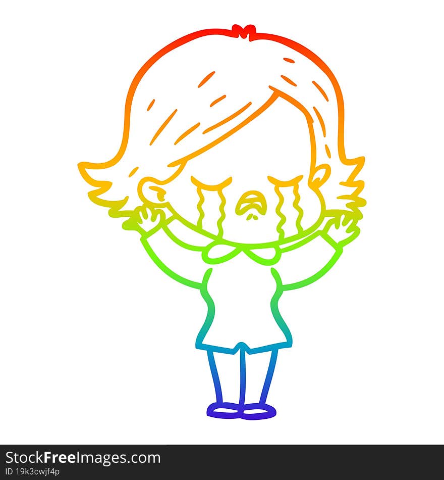 rainbow gradient line drawing of a cartoon girl crying