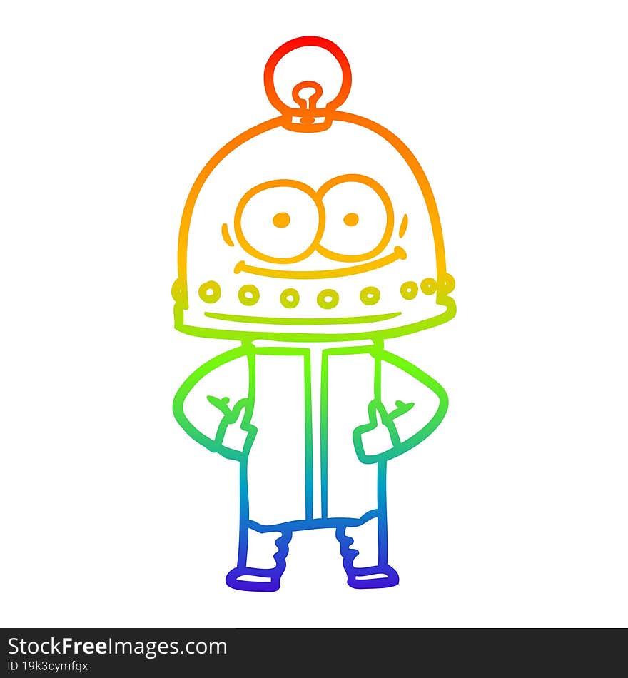 rainbow gradient line drawing of a happy carton robot with light bulb