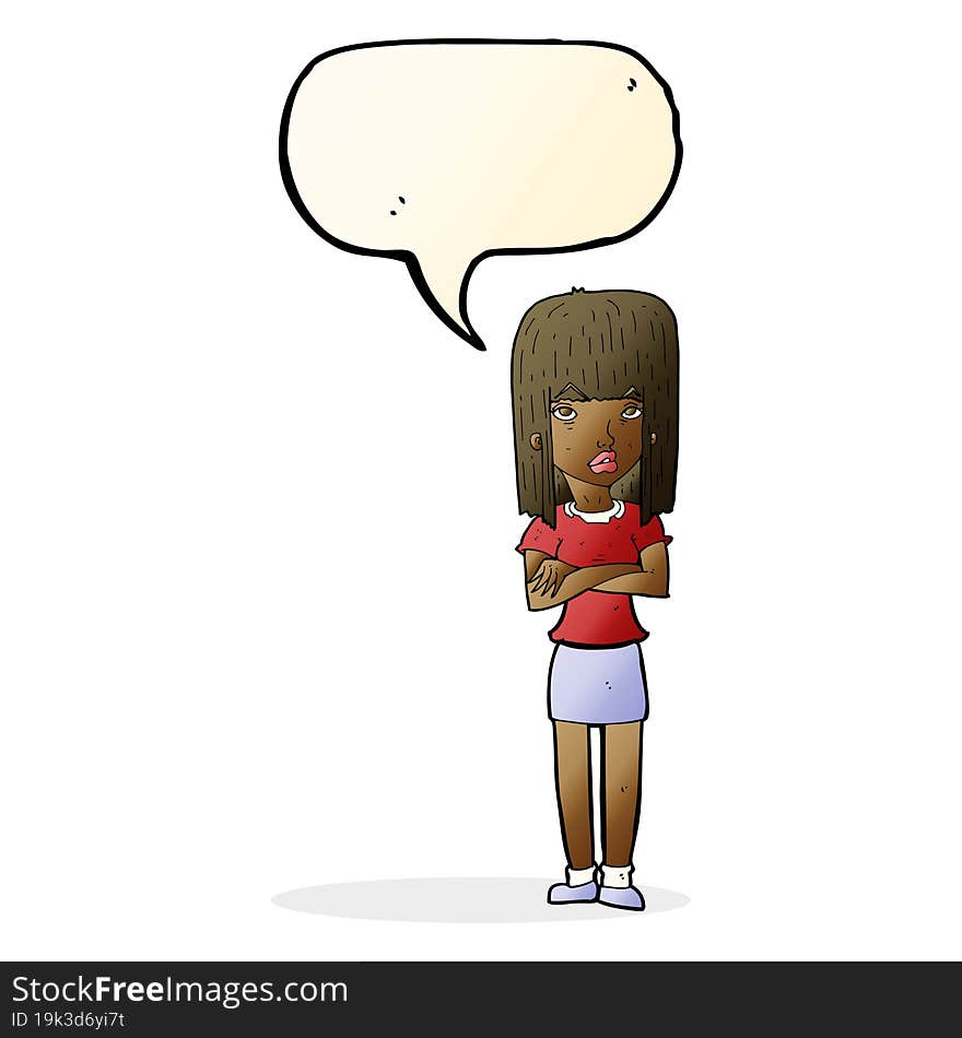 cartoon woman standing with speech bubble