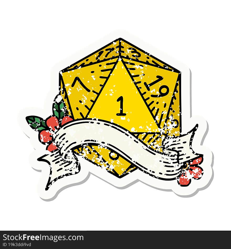 grunge sticker of a natural one d20 dice roll. grunge sticker of a natural one d20 dice roll