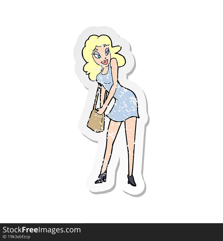 retro distressed sticker of a cartoon woman looking in handbag