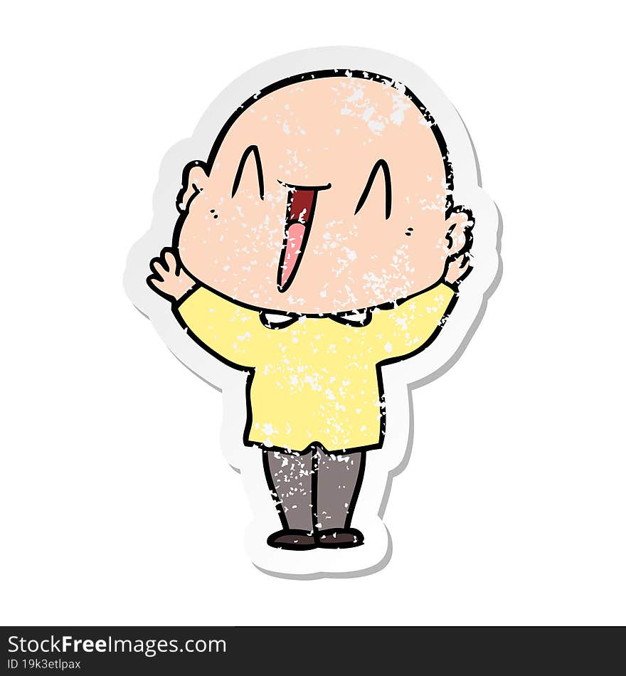 distressed sticker of a happy cartoon bald man