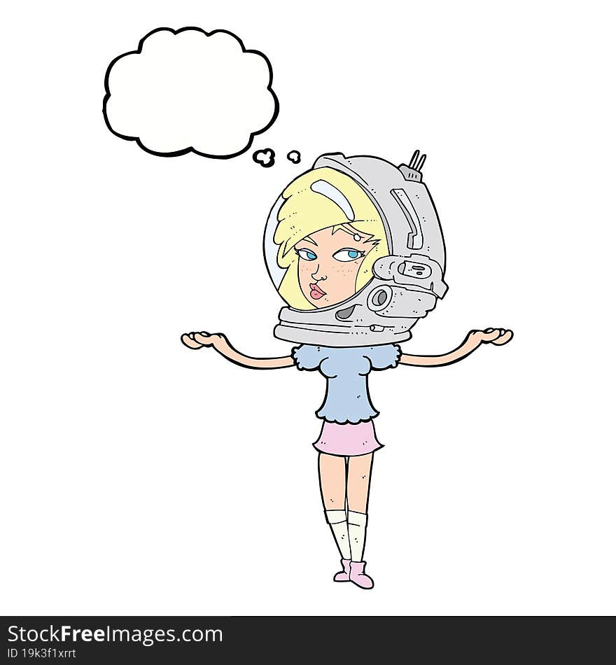 cartoon woman wearing space helmet with thought bubble