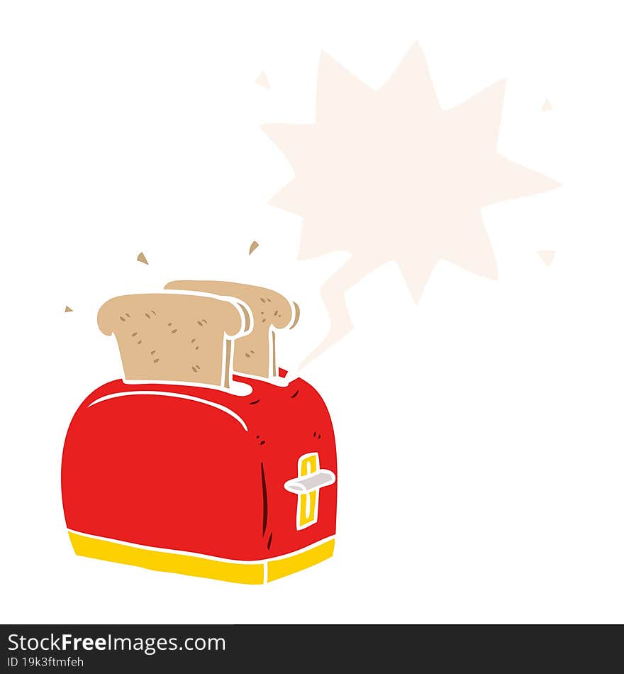 cartoon toaster toasting bread and speech bubble in retro style