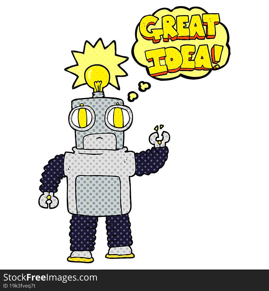 thought bubble cartoon robot with great idea