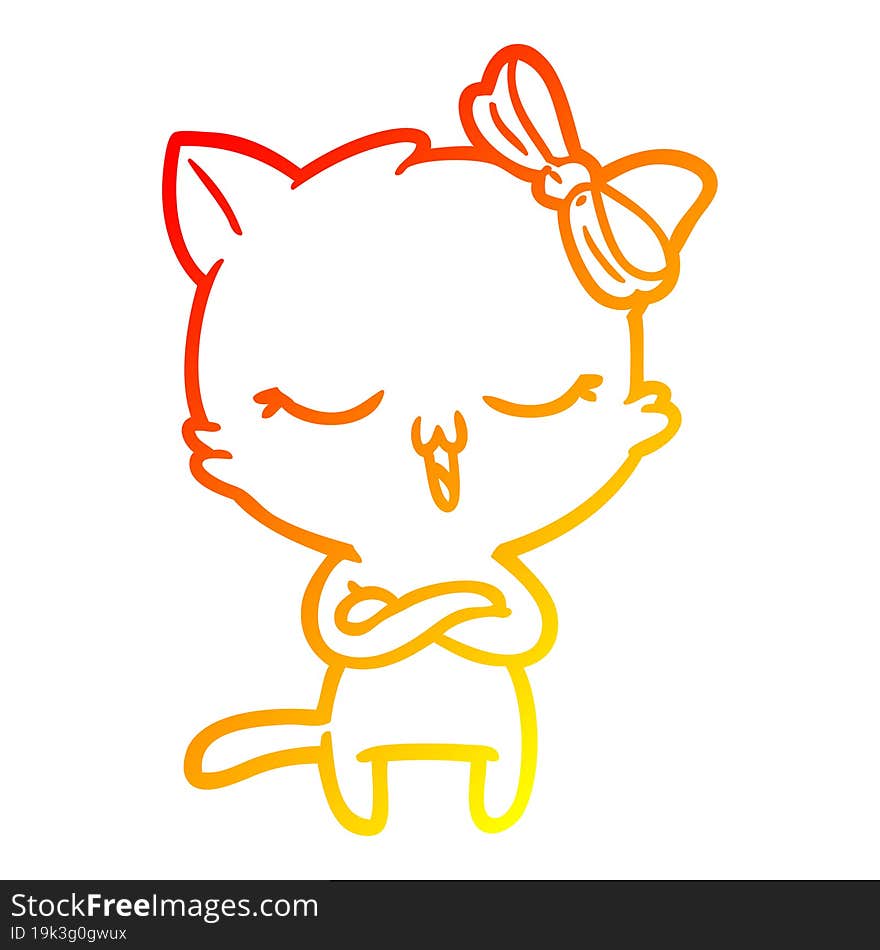 Warm Gradient Line Drawing Cartoon Cat With Bow On Head