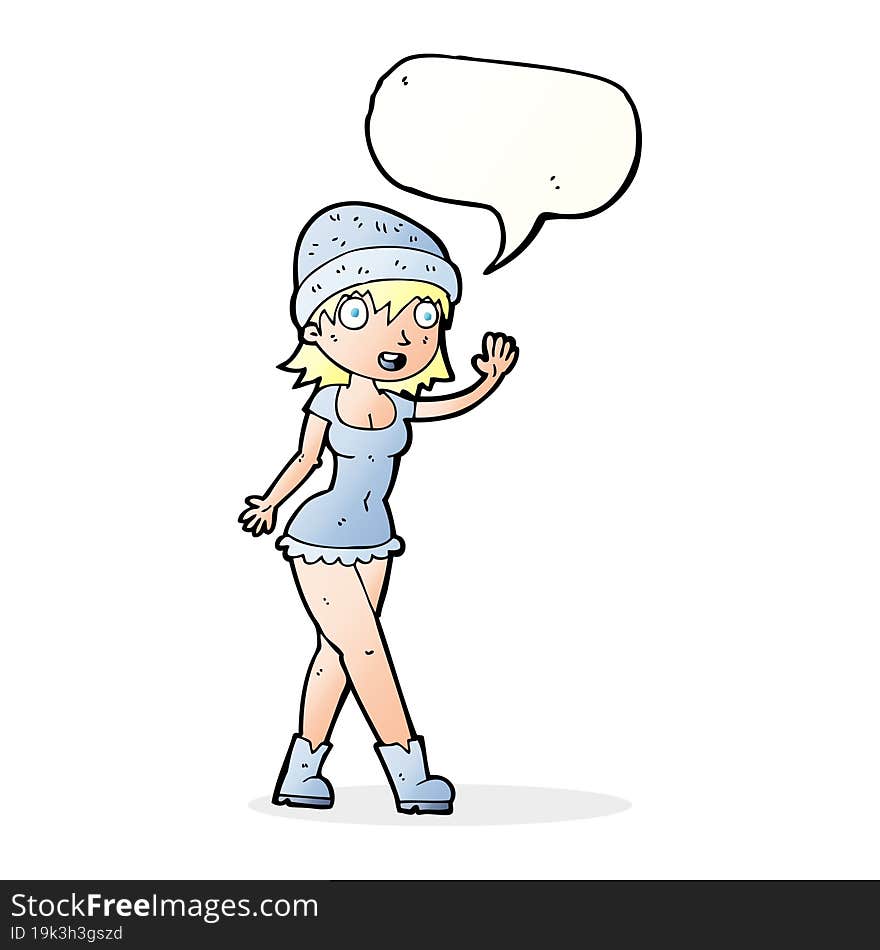 cartoon pretty girl in hat waving with speech bubble