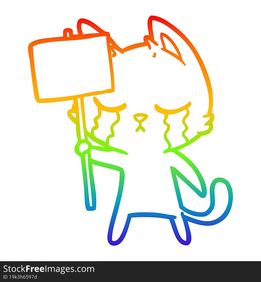 Rainbow Gradient Line Drawing Crying Cartoon Cat