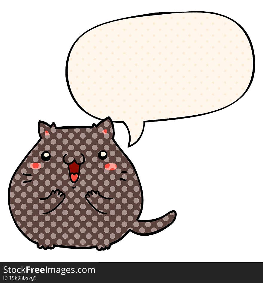 happy cartoon cat and speech bubble in comic book style