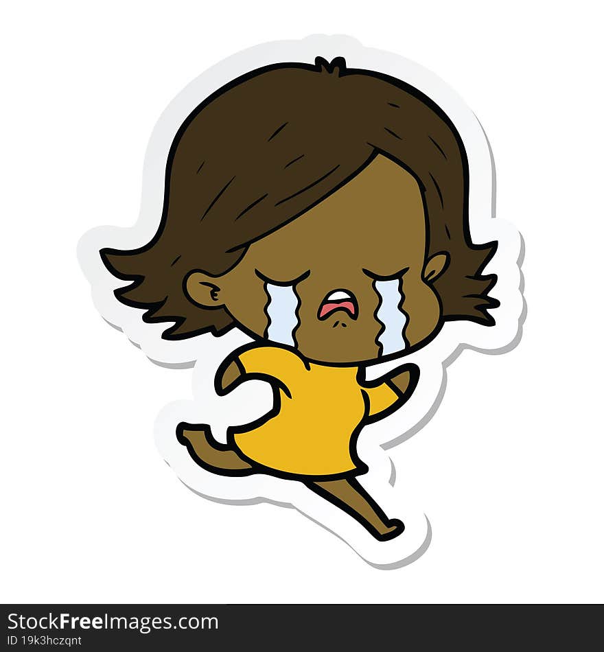 Sticker Of A Cartoon Girl Crying Whilst Running