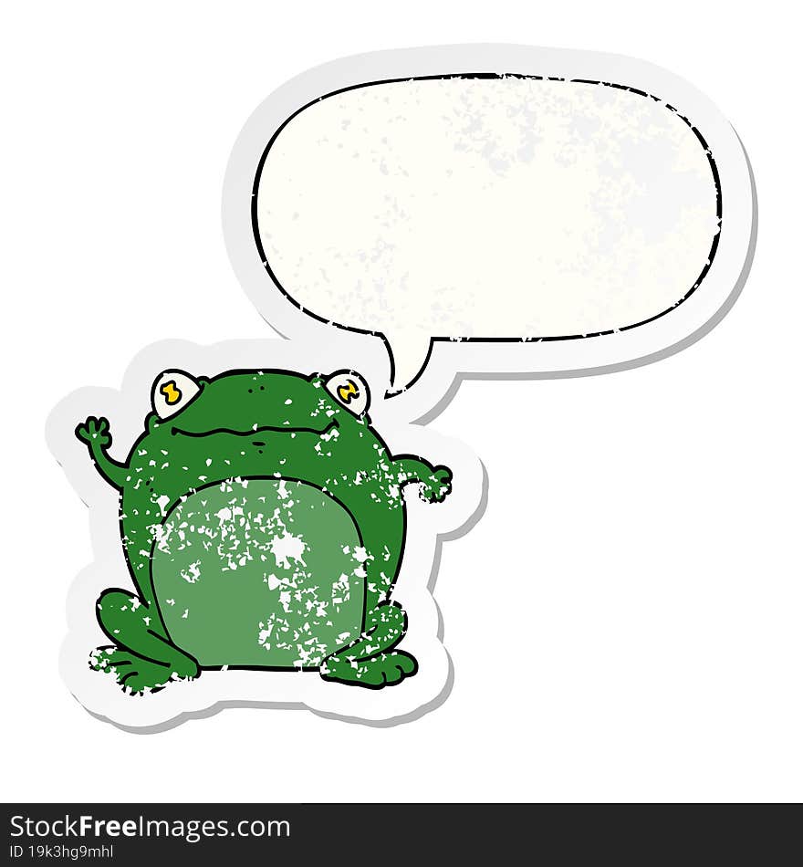 cartoon frog with speech bubble distressed distressed old sticker. cartoon frog with speech bubble distressed distressed old sticker