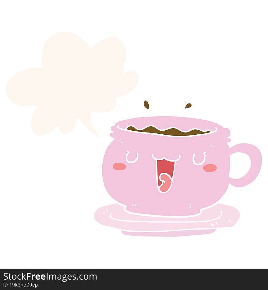 Cute Cartoon Cup And Saucer And Speech Bubble In Retro Style