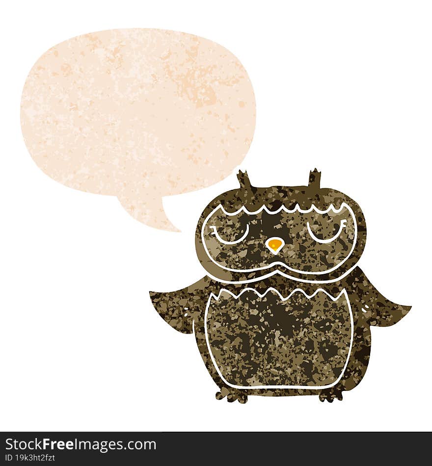 cartoon owl and speech bubble in retro textured style