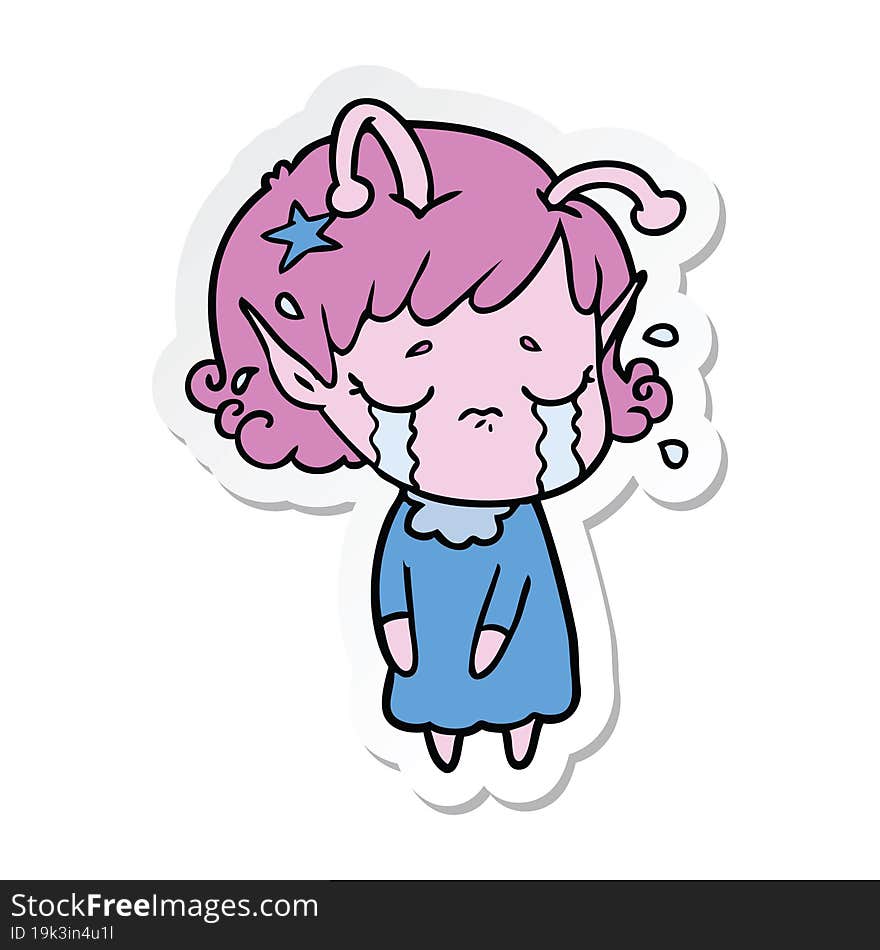 Sticker Of A Cartoon Crying Alien Girl