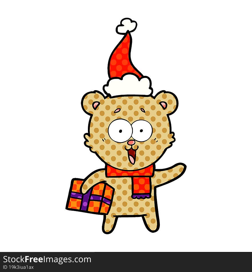 laughing teddy  bear with christmas present wearing santa hat