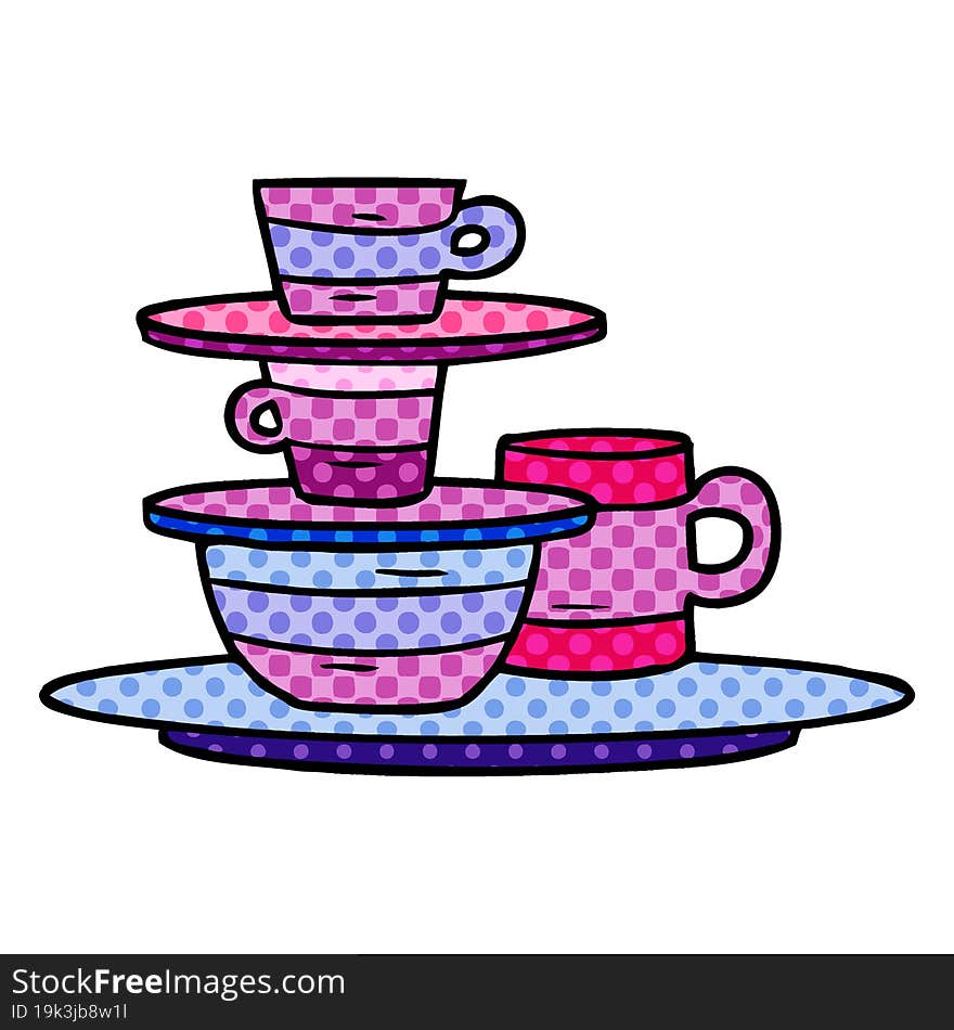 Cartoon Doodle Of Colourful Bowls And Plates