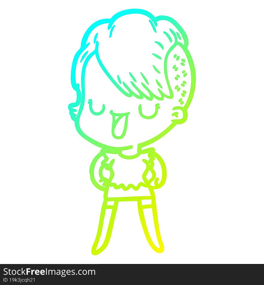 cold gradient line drawing of a cute cartoon girl with hipster haircut