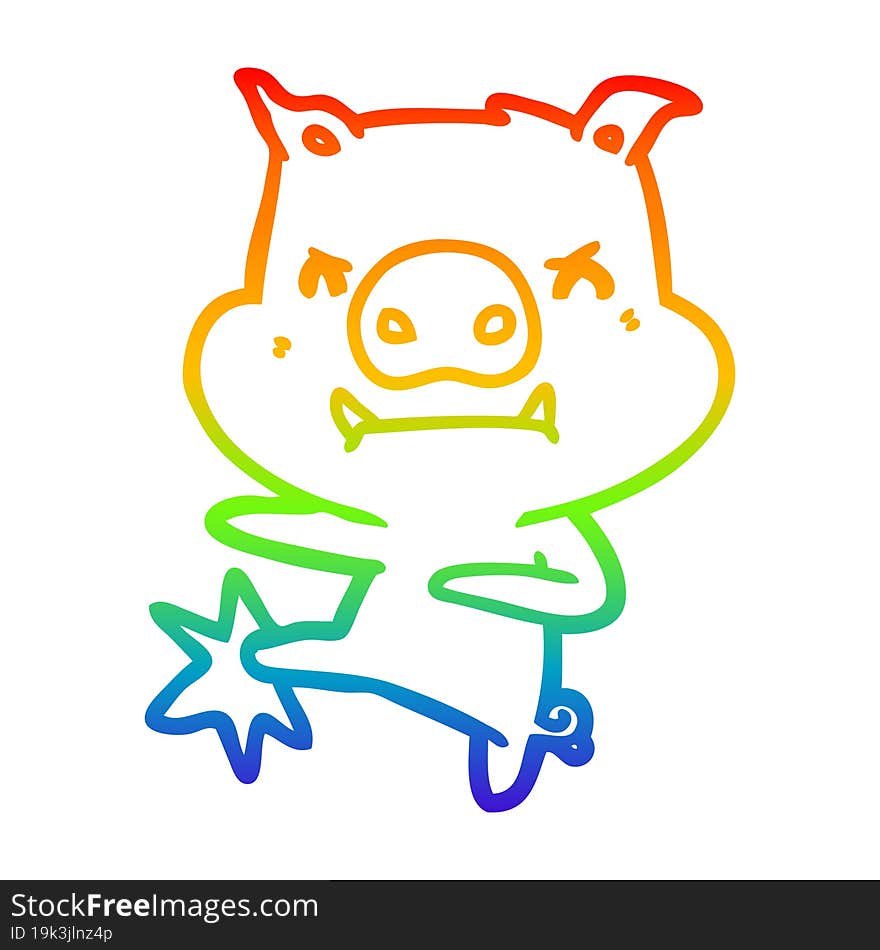 rainbow gradient line drawing of a angry cartoon pig karate kicking