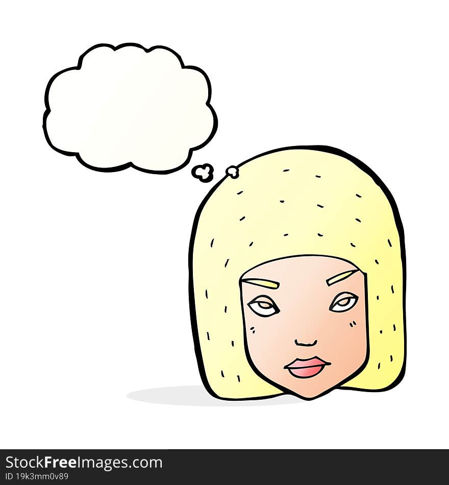 cartoon annoyed female face with thought bubble