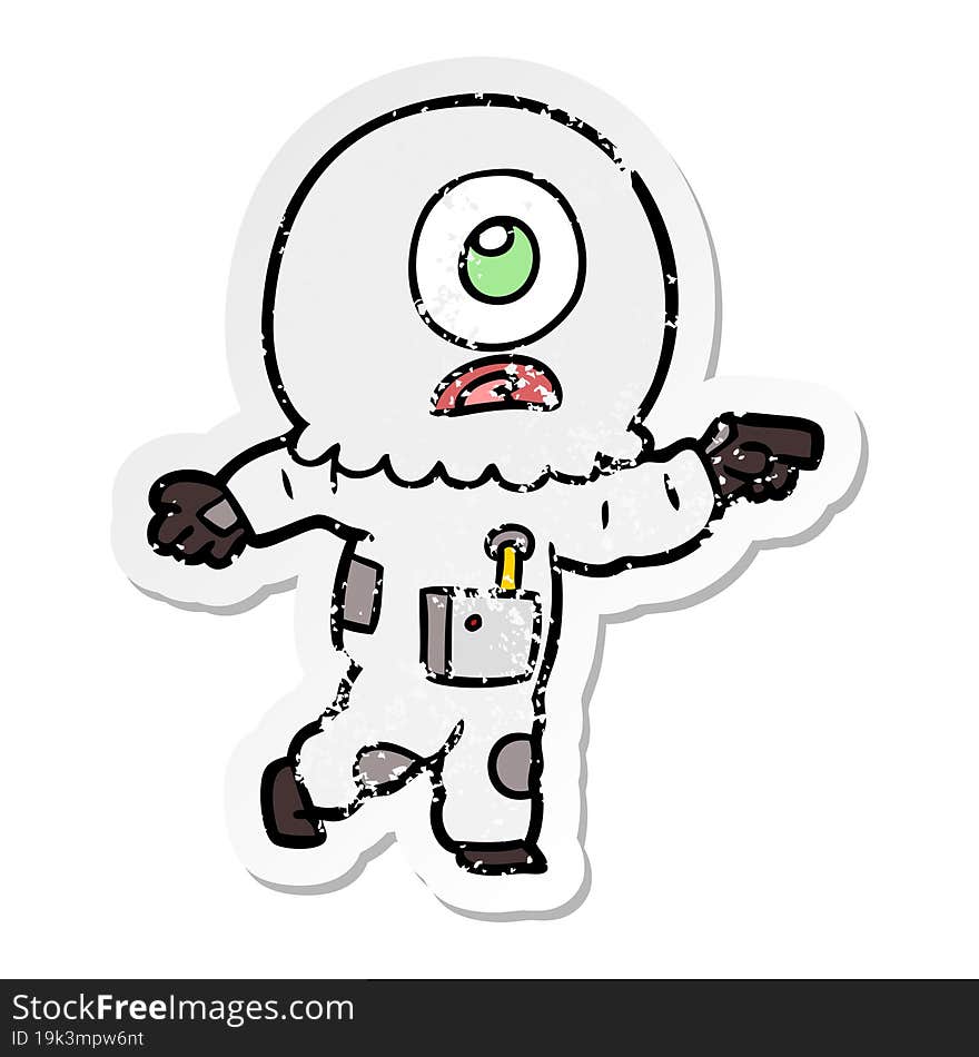 Distressed Sticker Of A Cartoon Cyclops Alien Spaceman Pointing