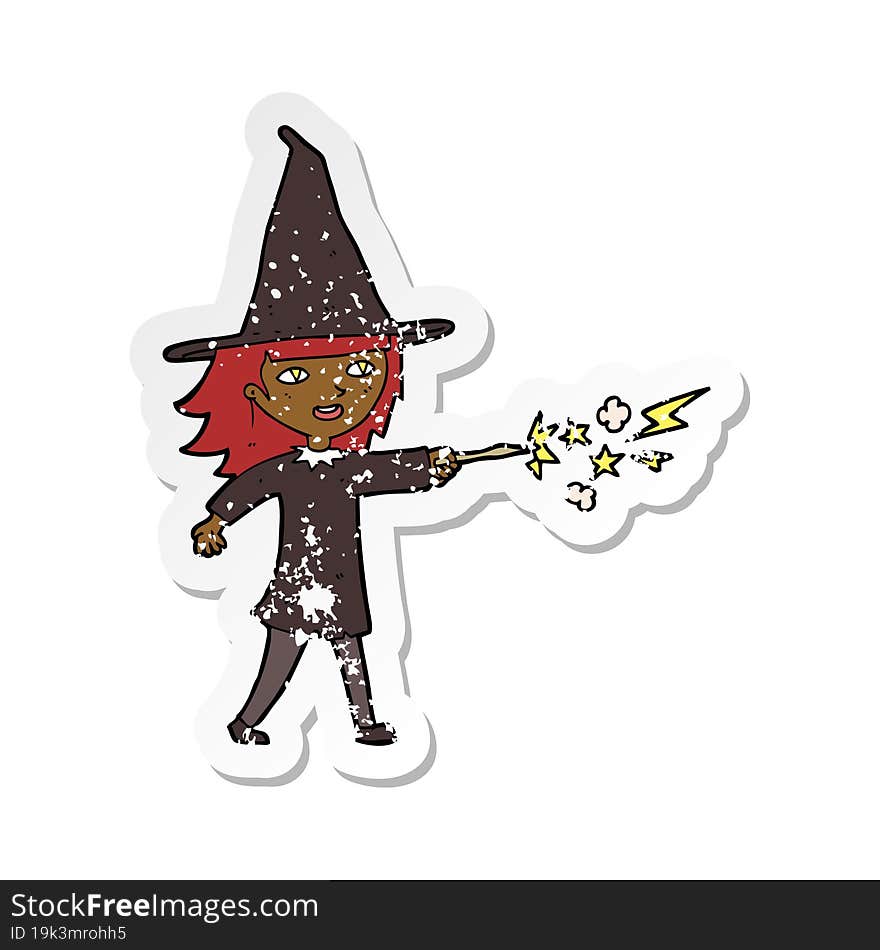 retro distressed sticker of a cartoon witch girl casting spell