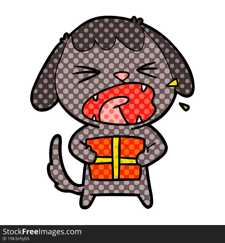 cute cartoon dog with christmas present. cute cartoon dog with christmas present