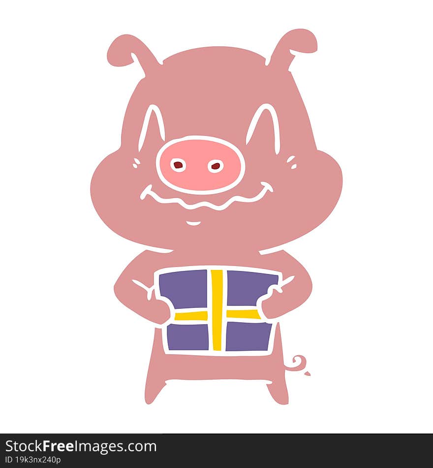 Nervous Flat Color Style Cartoon Pig With Present