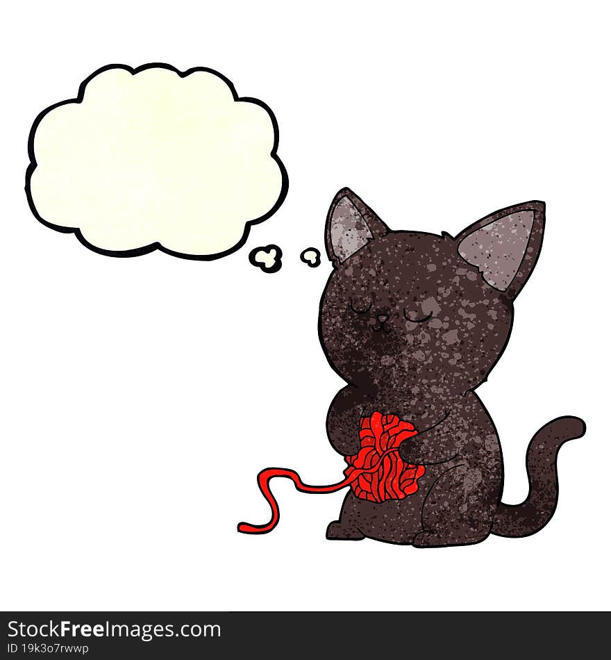 cartoon cute black cat playing with ball of yarn with thought bubble