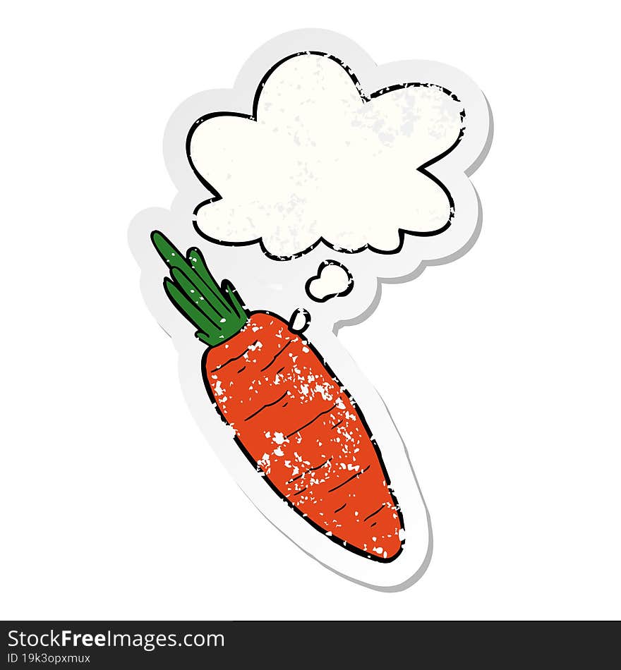 cartoon carrot with thought bubble as a distressed worn sticker