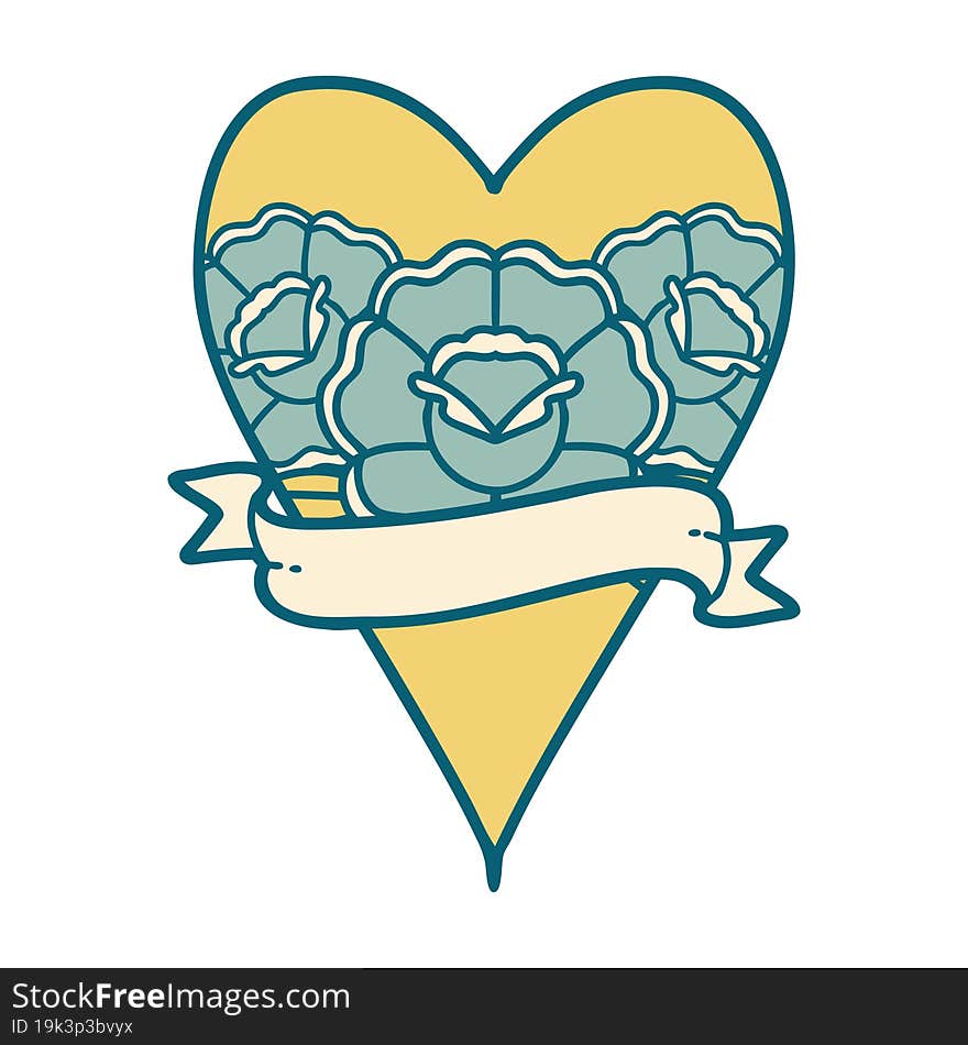 iconic tattoo style image of a heart and banner with flowers. iconic tattoo style image of a heart and banner with flowers