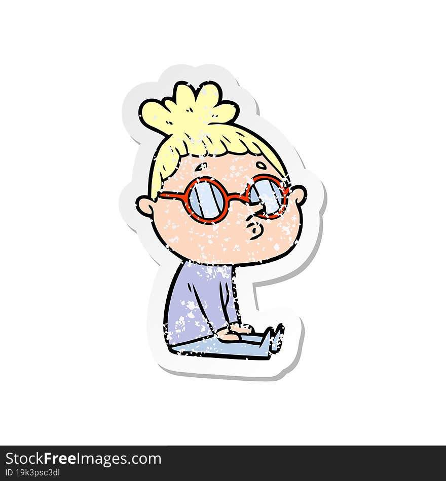 Distressed Sticker Of A Cartoon Woman Wearing Glasses