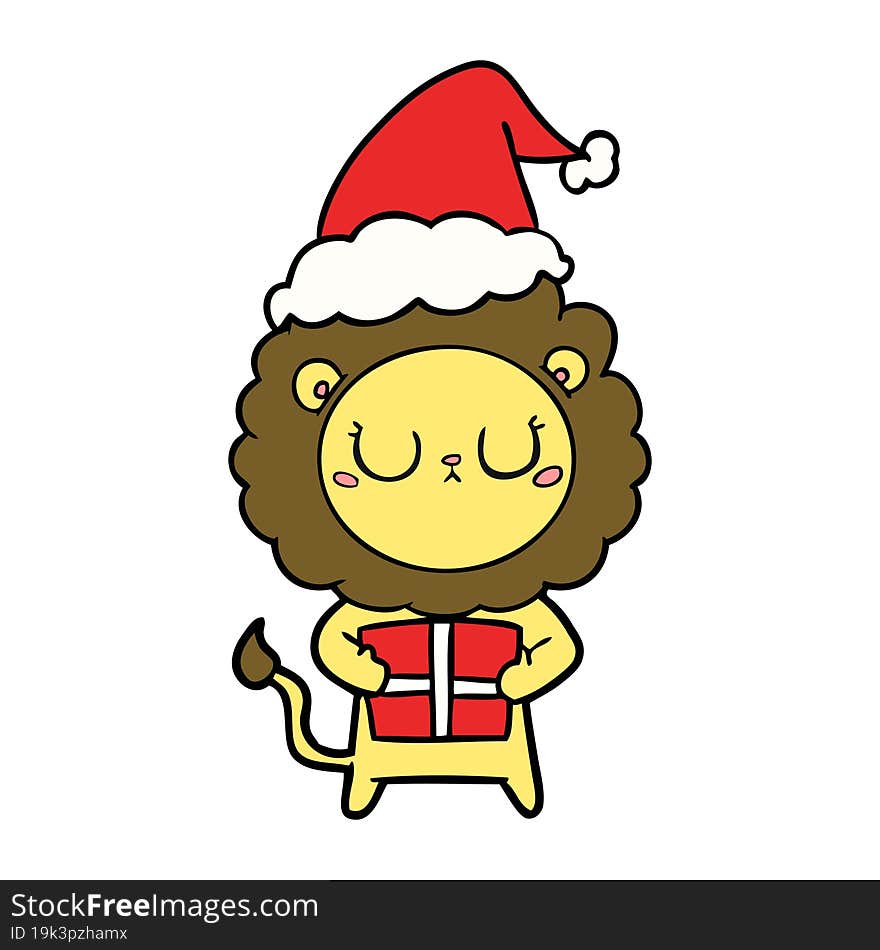 line drawing of a lion with christmas present wearing santa hat