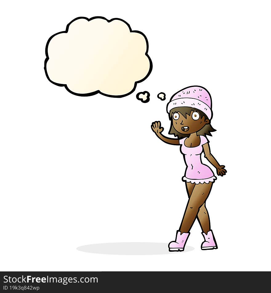 cartoon pretty girl in hat waving with thought bubble