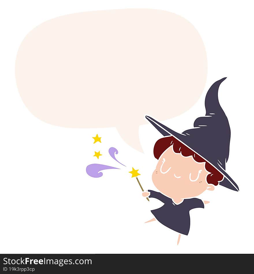 cute cartoon witch casting spell and speech bubble in retro style