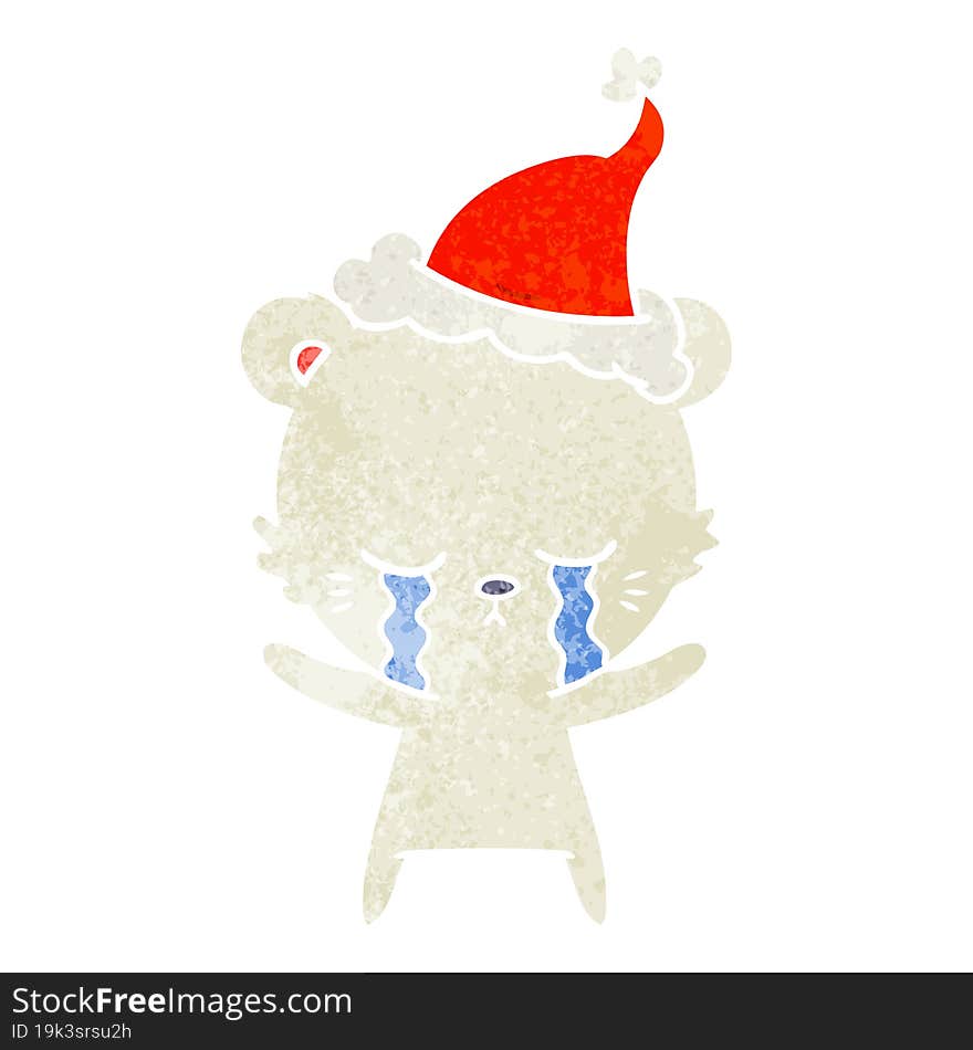 crying retro cartoon of a polarbear wearing santa hat